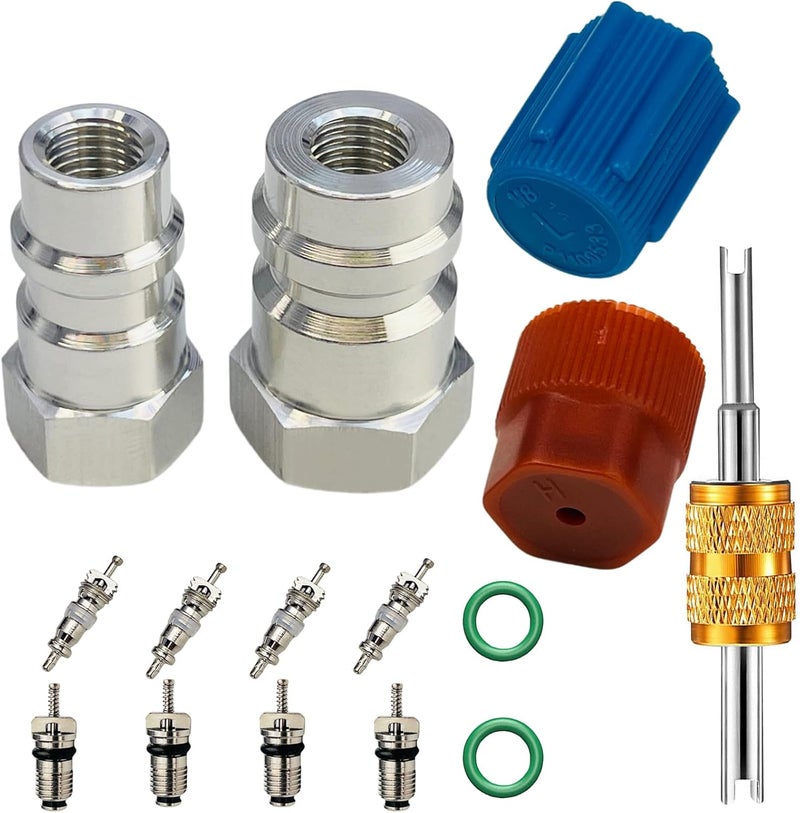 AKISS R12 to R134A Adapter,High/Low AC Fitting Port Retrofit Conversion Fitting, 1/4’’ to 7/16"-20 UNF Quick Coupler Valve A/C Adapter Fitting, High and Low Side R-12 to R-134A Retrofit Adapter - Image 1